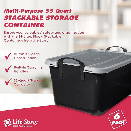 Life Story 6 Pack Heavy Duty Stackable Storage Bin, 55 Quart Home Organizer, Versatile Lightweight Locking Bins with Carrying Handles, Black/Gray