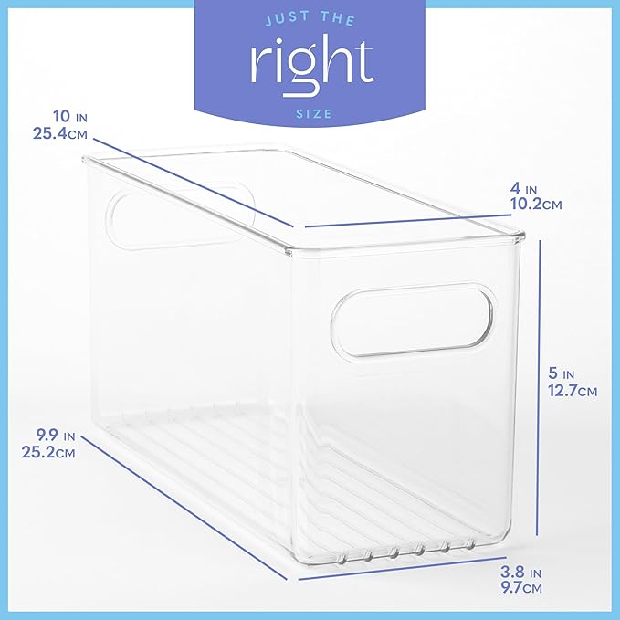 primebox Plastic Food Storage Clear Container Bin with Handles for Organizing Kitchen, Pantry, Refrigerator, Freezer, Pantry, Cabinet, Closet, Bathroom. 10”x4”x5”