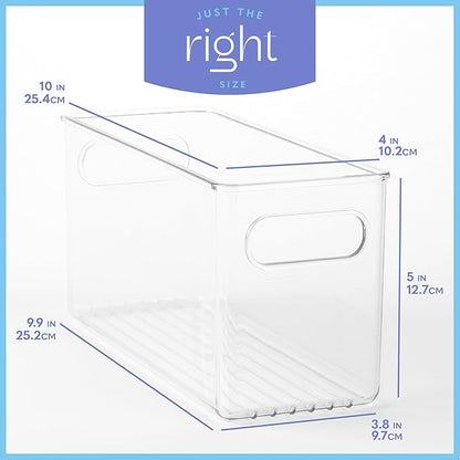 primebox Plastic Food Storage 6 Pack Clear Container Bin with Handles for Organizing Kitchen, Pantry, Refrigerator, Freezer, Pantry, Cabinet, Closet, Bathroom. 10”x4”x5”