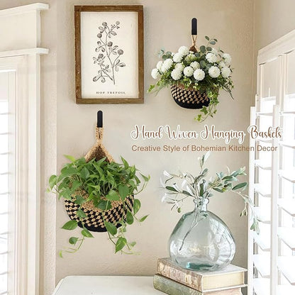 Honeydak Boho Decor Hanging Wall Baskets for Kitchen 3 Pack Teardrop Baskets with Hooks Storage Fruit Onion Vegetable Potato for Home 3 Sizes (Linen with Black,Cotton Rope)