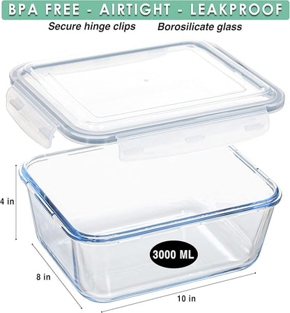Large Glass Food Storage Container - Baking Containers with Hinged Locking Lids. 100% Leak Proof. 12 Cups / 3000 ml