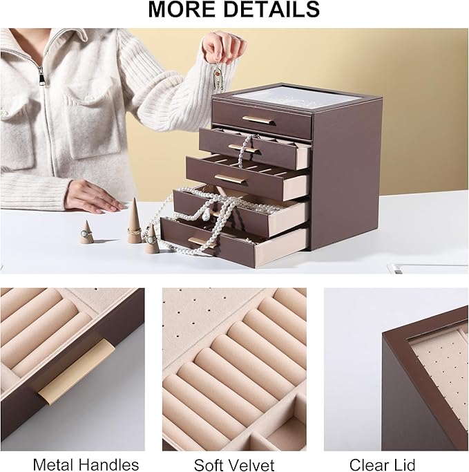 Frebeauty Clear Lid Jewelry Box,5-Layer Jewelry Organizer with Drawer,PU Leather Jewelry Organizers and Storage,Jewelry Boxes for Women,Jewelry Storage for Rings Earring Stud,Gift for Women(Brown)