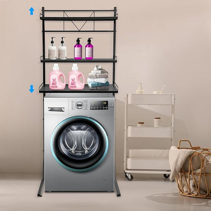 Eapmic Over The Washer and Dryer Storage Shelves, Laundry Room Standing Shelf, 3 Tier Expandable Washer and Dryer Rack with Adjustable Height, Over Toilet Washing Machine Width Within 25.2" (Black)
