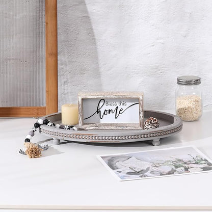 Oval Wooden Tray, Decorative Trays for Home Decor Coffee Table Kitchen Dinning Table, Small Wood Beaded Tray for Decor Grey