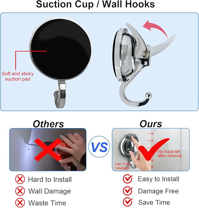 YSSILADI Heavy Duty Suction Cup Hooks for Shower, Bathroom Robe - Vacuum Glass Hooks, Reusable, No Hole Punched, for Garland Decoration (Silver, 6 Pack)
