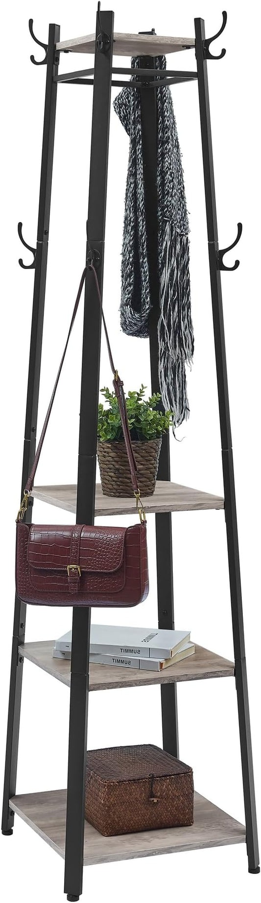 VASAGLE Coat Rack, Coat Stand with 3 Shelves, Hall Tree Free Standing with Hooks for Scarves, Bags, Umbrellas, Steel Frame, Industrial Style, for Entryway, Living Room, Greige and Black ULCR080B02