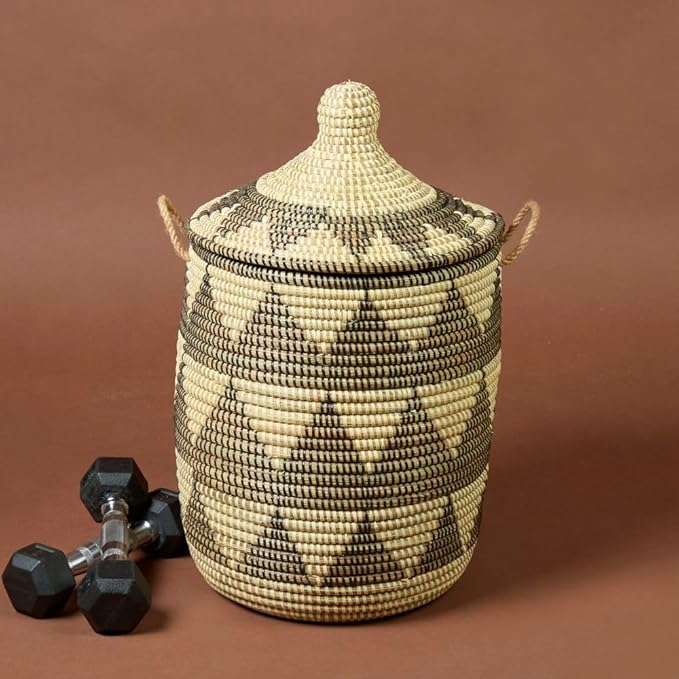 Small Storage Basket, Organizing, Storage, Wicker, Woven, With Lid, Handles, 12" Wide, 14" Tall (Black Beige)