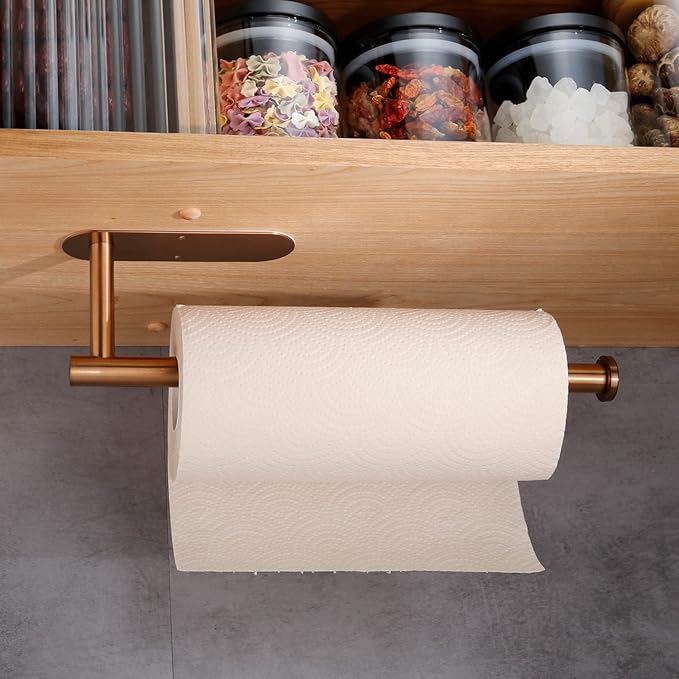 Under Cabinet Paper Towel Holder - Wall Mount Paper Towel Roll Holder Adhesive, Rose Gold SUS304 Stainless Steel Towel Paper Holder for Kitchen, Bathroom, Cabinets