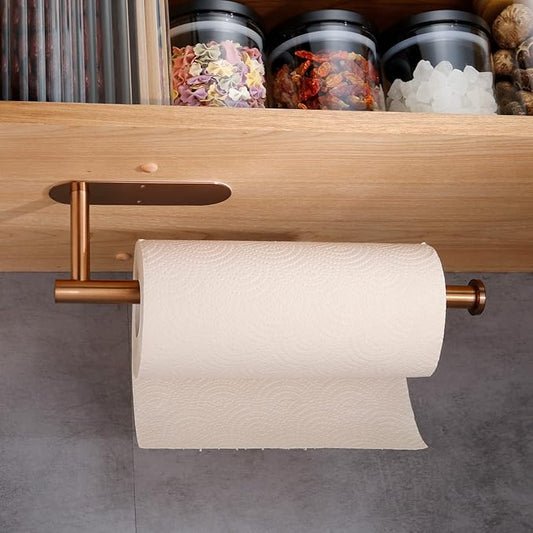 Under Cabinet Paper Towel Holder - Wall Mount Paper Towel Roll Holder Adhesive, Rose Gold SUS304 Stainless Steel Towel Paper Holder for Kitchen, Bathroom, Cabinets