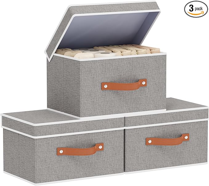 Fabric Storage Basket with Lids, Linen Foldable Storage Bins, Closet Organizer Boxes with Double Handles, Grey, 3 Pack, 13 x 9.1 x 7.9 Inch