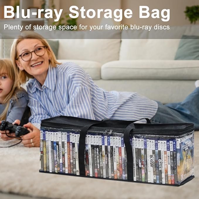 CD DVD Storage Bags 2-Pack, Clear Blu-ray Case Holder with Zipper & Handles | Holds 56 Blu-ray, 40 DVD, 96 CD Cases per Bag | Media & Video Game Storage Organizer for Movies