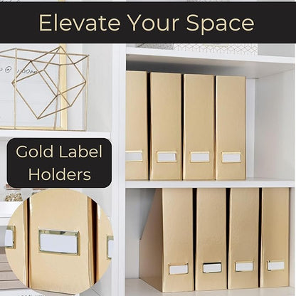 BLU MONACO | Gold Cardboard Magazine File Holder Set of 4 | Vertical Magazine File Holder for Shelves | Standing File Holder Desk Organizer