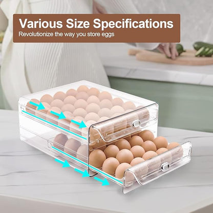 Egg Holder for Refrigerator,60 Eggs Clear Drawer Organizer,2 Layer Stackable Egg Holder Egg Trays,Egg Storage Container with Time Scale for Fridge Countertop Cabinet