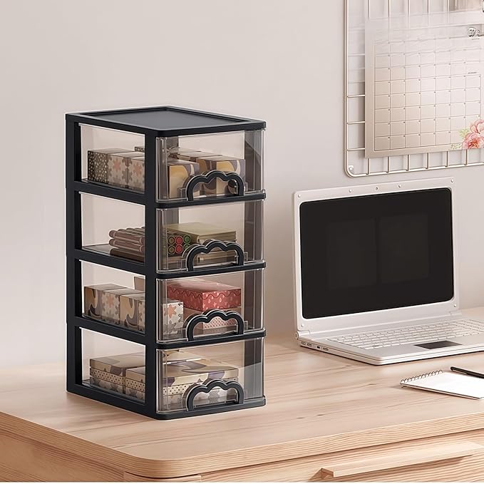 Desktop Organizer with 4 Drawers, Clear Plastic Storage Drawer Unit, Small Desk Organizer Storage Box, Durable Storage Bin Container Case for Countertop Stationery Pens Makeup Office Supplies