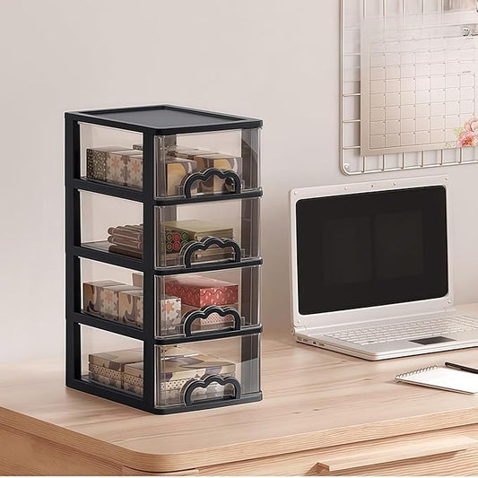 Desktop Organizer with 4 Drawers, Clear Plastic Storage Drawer Unit, Small Desk Organizer Storage Box, Durable Storage Bin Container Case for Countertop Stationery Pens Makeup Office Supplies