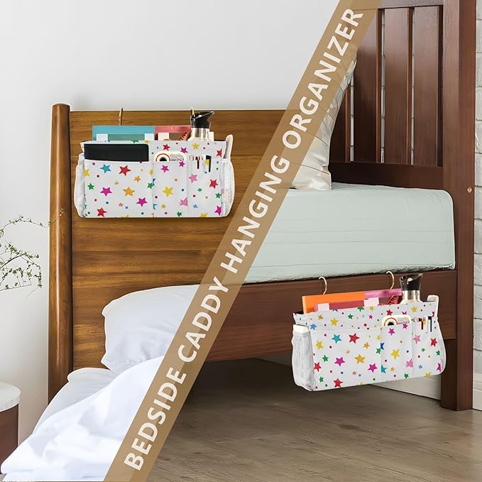 CuwrYet Bedside Caddy Hanging Bunk Bed Caddy Bed Organizer Hanging Pocket with 2 Hooks Bedside Storage Organizer Pocket Bag Holder Small Colorful Stars and Dots