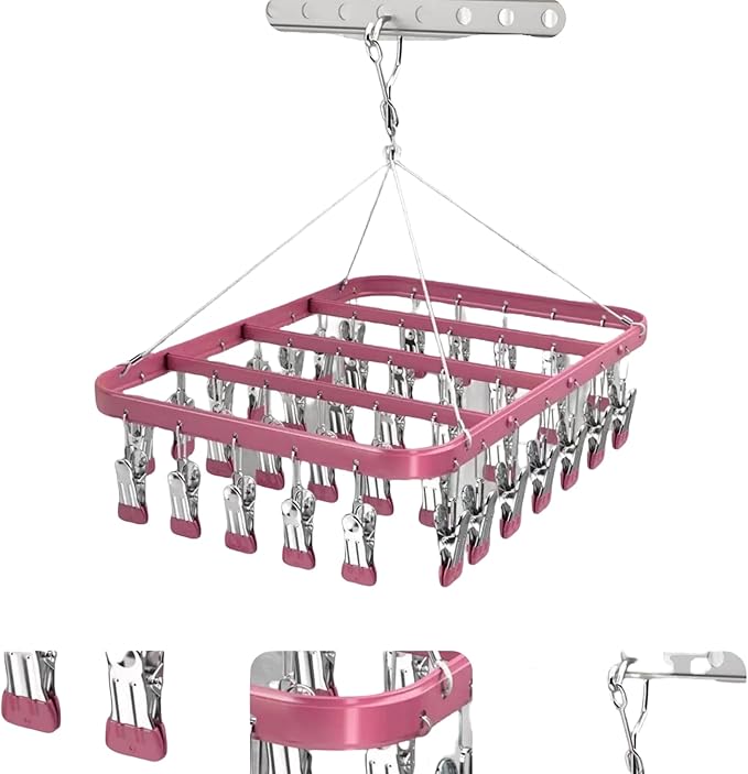 Clothes Drying Racks Clip Hangers Metal with 36 Clips Windproof Hook Underwear Hanger Foldable Laundry Clip for Socks Bras (Pink)