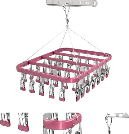 Clothes Drying Racks Clip Hangers Metal with 36 Clips Windproof Hook Underwear Hanger Foldable Laundry Clip for Socks Bras (Pink)