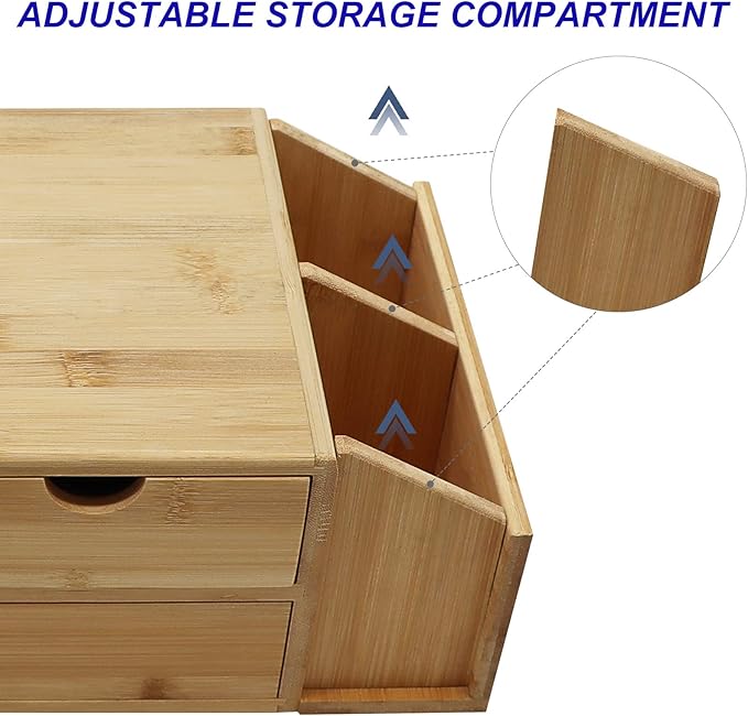 Bamboo Desk Organizer with Drawers, 2 Tier Wooden Desktop Organizer, Original Bamboo Desktop, Monitor Stands，for Office School Home Toiletries Supplies Vanity.