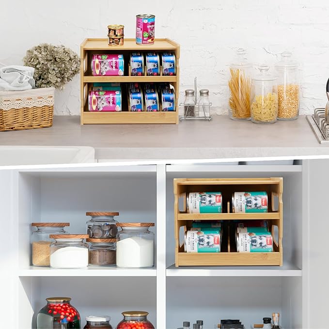 PLITTPETTS Bamboo Can Organizer for Pantry, 2 Tier Bamboo Pantry Organizer for Kitchen Counter, Cat Food Storage Holds Up to 36 Cans, Can Rack Organizer for Human and Pet Food Cans, FIFO Design