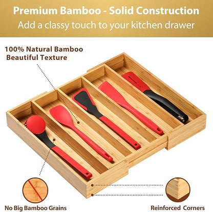 Umilife Expandable Kitchen Drawer Organizer, 2.5" High Bamboo Utensils Silverware Tray, Adjustable Large Deep Wood Organization Holder