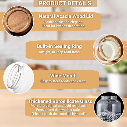50 Fl oz/1500 ml Clear Glass Jar with Airtight Wooden Screw Lid, Glass Pantry Canister for 500g Coffee Beans, Kitchen Food Storage Containers for Rice,Flour,Pasta,Sugar,Honey,Tea, Spice,Cereal