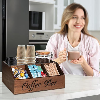 ugiftt Coffee Station Organizer for Counter, Wood Coffee Pods Holder Storage Basket, Tea Condiment Storage Organizer, Rustic Coffe Bar Decor for Accessories