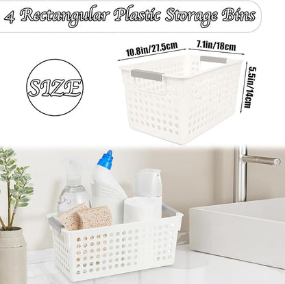 Plastic Storage Baskets, 4 Pack Narrow Organizing Baskets White Storage Bins With Handles Kitchen Storage Containers, Plastic Organizing Bins For Desk Garage Cabinet, 10.62 x 7.08 x 5.51 Inch
