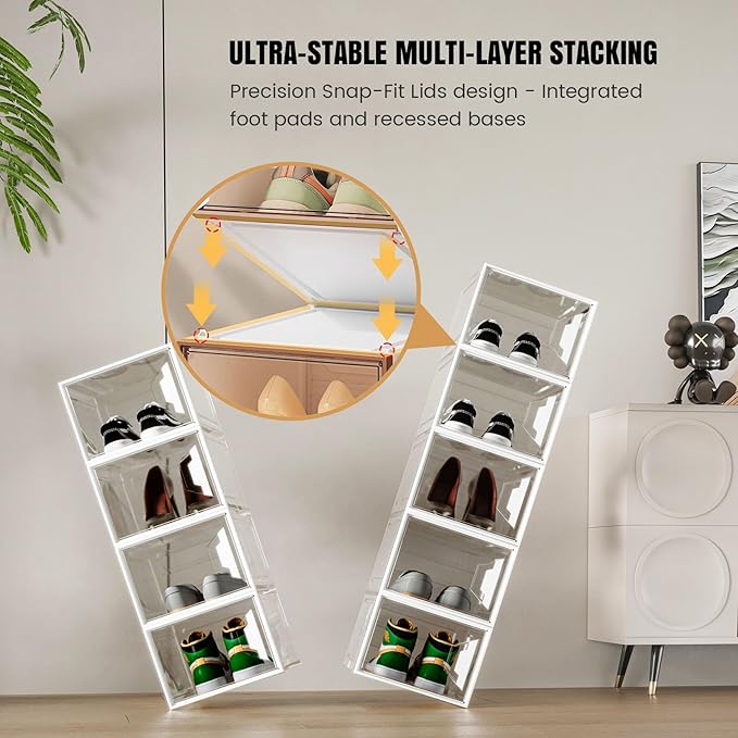ADTO X-Large Stackable Shoe Boxes - Clear Plastic Shoe Storage Boxes with Magnetic Door, Thicken Shoe Organizer for Closet, Space Saving Foldable Shoe Containers Bins for Sneaker Boot - 6 Pack(White)