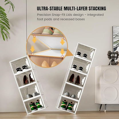 ADTO X-Large Stackable Shoe Boxes - Clear Plastic Shoe Storage Boxes with Magnetic Door, Thicken Shoe Organizer for Closet, Space Saving Foldable Shoe Containers Bins for Sneaker Boot - 6 Pack(White)