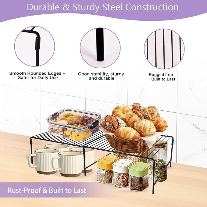 Refrigerator Organizer Freezer Organizer, Expandable Adjustable Kitchen Cabinet Rack for Pantry, Cupboard, Countertop - Space Saving Shelf (Black)