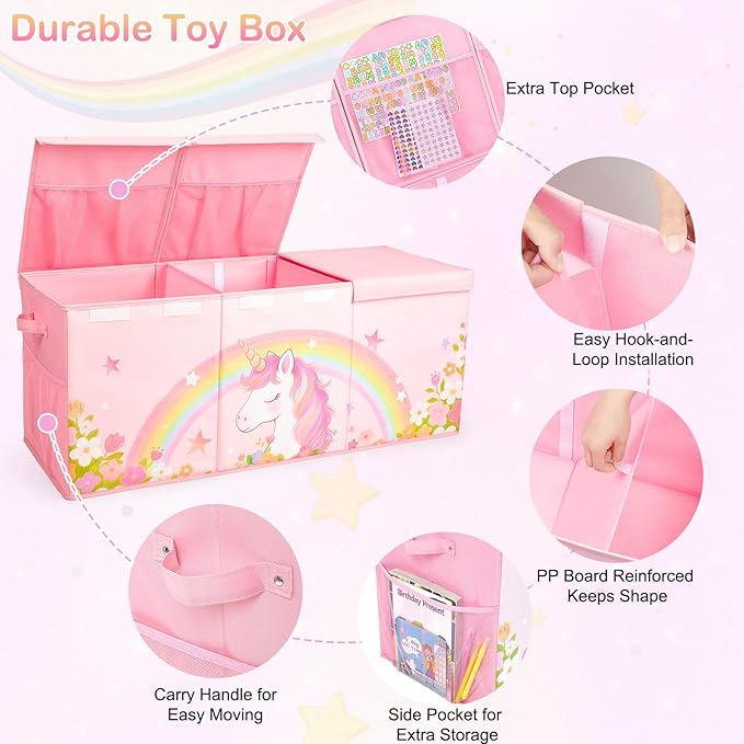 Unicorn Castle Toy Box with Adjustable Divider Toy Chest Storage Large Toy Storage Organizer Bin Collapsible with Lid Pockets for Nursery Playroom,Pink Unicorn