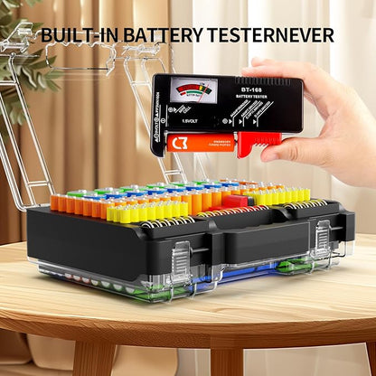 Battery Organizer Storage Holder Box Case with Tester, Stores & Protects Up to 260 Batteries, Double-Sided, Clear Locking Lid, Secure Latches & Portable Carrying Handle (Batteries Not Included)