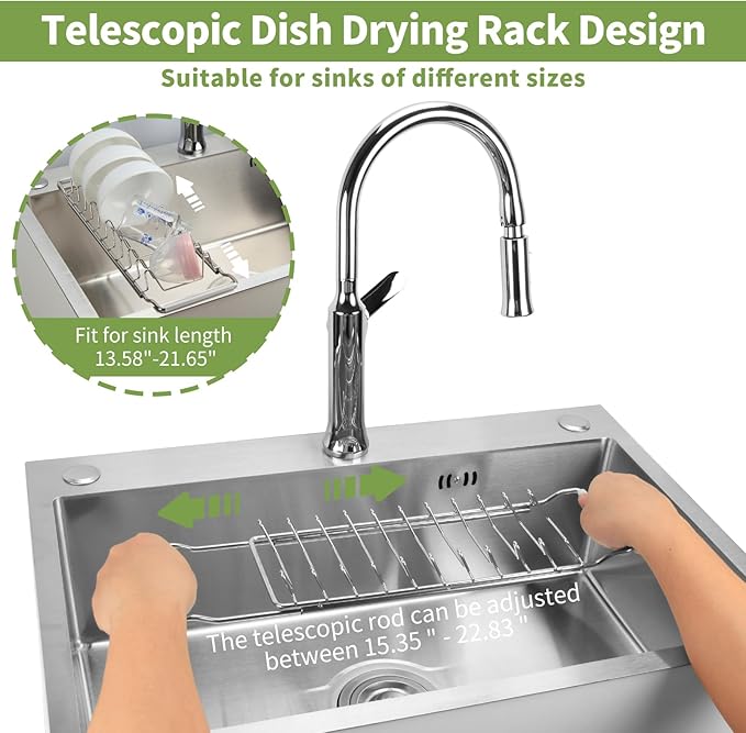 PapakeNook Space Saving Dish Drying Rack Small - Expandable Telescopic Over The Sink Drying Rack,304 Stainless Steel Dishrack for 13.58" - 21.65" Sinks. (Small)