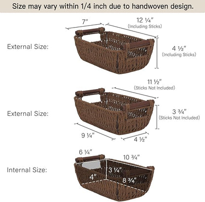 StorageWorks Handwoven Small Wicker Baskets, Round Paper Rope Storage Baskets with Wooden Handles, Dark Brown, 2-Pack