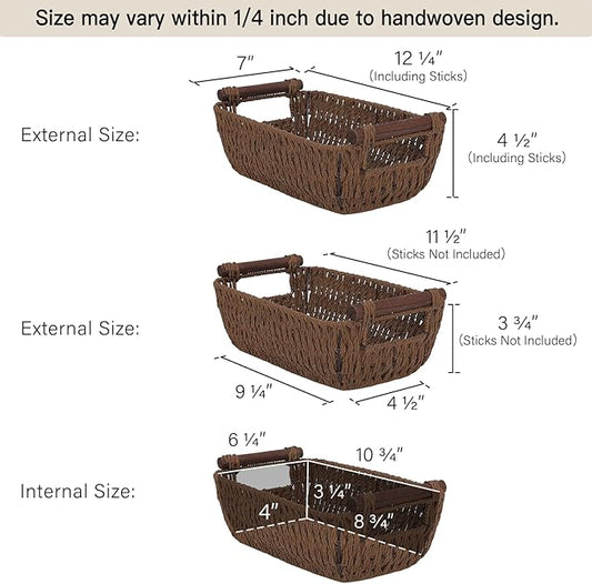 StorageWorks Handwoven Small Wicker Baskets, Round Paper Rope Storage Baskets with Wooden Handles, Dark Brown, 2-Pack