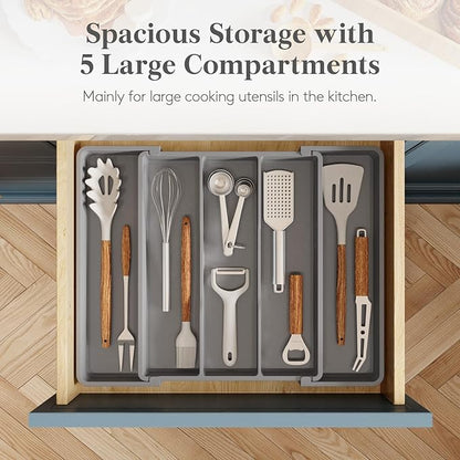 Lifewit Cooking Utensil Drawer Organizer, Expandable from 11 to 18 inches, Adjustable Cutlery Silverware Tray, Plastic Flatware Spatula Holder, Kitchen Tools Gadgets Storage Divider, Gray