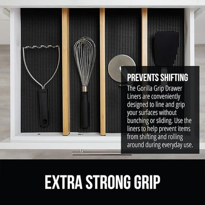 GORILLA GRIP powerGRIP Drawer Shelf and Cabinet Liner, Thick Strong Hold, Non-Adhesive Liners Protect Kitchen Cabinets and Cupboard, Bathroom Drawers, Easy Install, Breathable Mat, 12" x10', Black