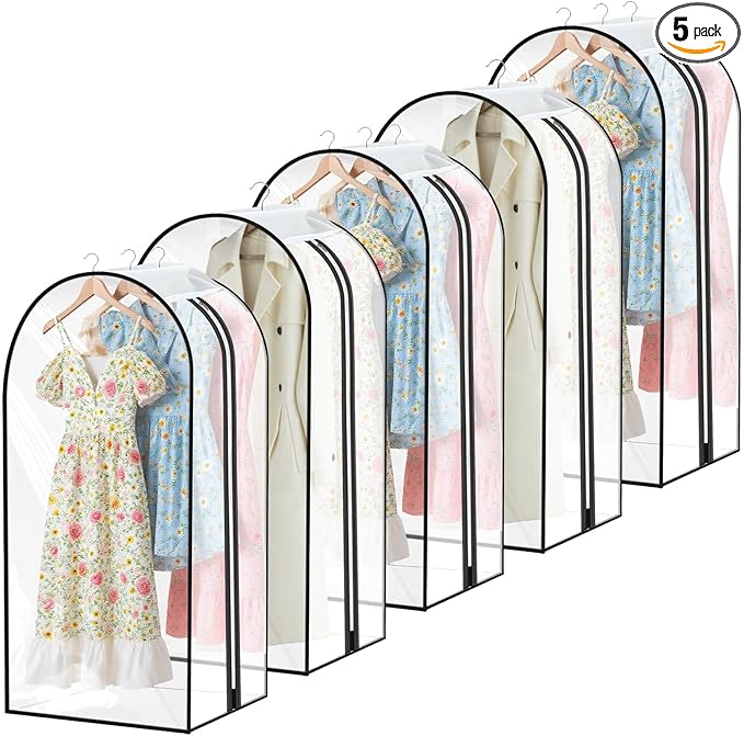 5 Pack 60" Large Clear Garment Bags for Hanging Clothes Storage, 10" Gusseted Large Capacity Garment Rack Cover, Hanging Clothing Bag for Dress Gowns, Coats, Suit, Down Jacket