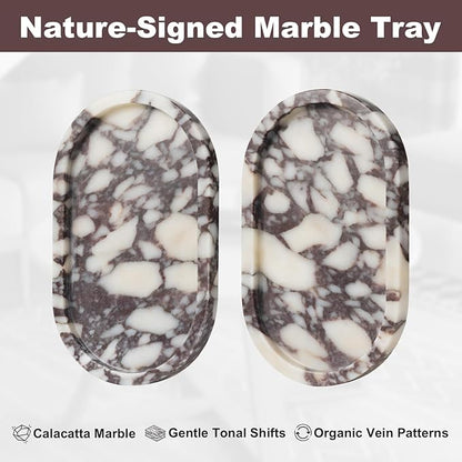 Calacatta Viola Marble Oval Trays 10"x6" - Bathroom Vanity & Kitchen Organizer Set, Stone Serving Dish for Jewelry/Perfume