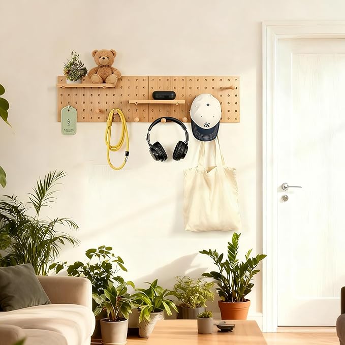 Pegboard Organization Set 2-Pack Beige Wooden Pegboards with Shelves & Hooks | Creative Display & Storage Solution for Home, Office, Bathroom