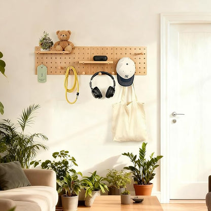 Pegboard Organization Set 2-Pack Beige Wooden Pegboards with Shelves & Hooks | Creative Display & Storage Solution for Home, Office, Bathroom