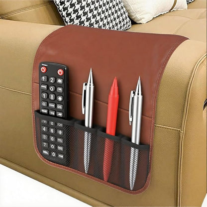 IPENNY No-Slip PU Leather Sofa Armrest Organizer, Remote Control Holder Arm Chair Beside Storage Bag for Recliner Couch with 5 Pockets for Tablet, Magazines, Phone (Brown)