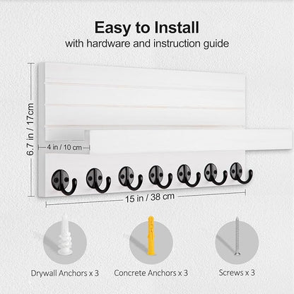 Key Holder Wall Mount, Entryway Key and Mail Holder with 7 Sturdy Hooks for Sunglasses, Dog Leash, Decorative Wall Shelf with Mounting Hardware, 15”W x 6.7”H x 4.2”D (White)