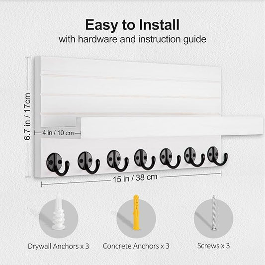 Key Holder Wall Mount, Entryway Key and Mail Holder with 7 Sturdy Hooks for Sunglasses, Dog Leash, Decorative Wall Shelf with Mounting Hardware, 15”W x 6.7”H x 4.2”D (White)
