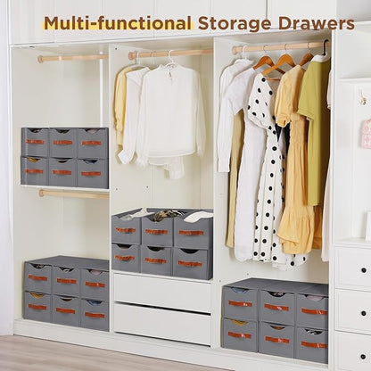 4 Pack Stackable Storage Drawers, Fabric Closet Organizers and Storage with Handles and Clear Window, Pull-Out Clothes Storage Bins with Drawer for Closet, Bedroom, Living Room, Under Bed, Gray