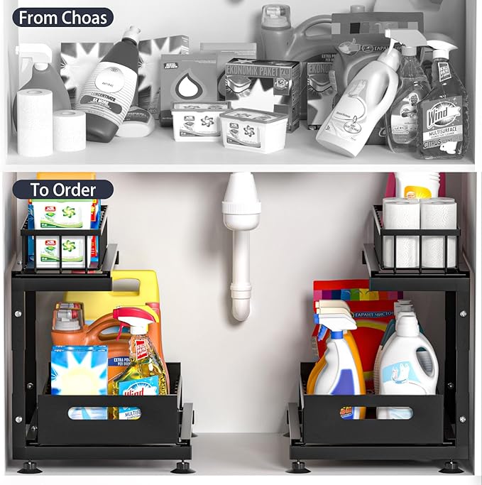 Under Sink Organizer, 2-Tier Premium Metal Pull-Out Racks with Adjustable Height, Heavy Duty Sliding Bin for Bathroom and Kitchen Cabinet Storage, Rust Resistant 1 Pack