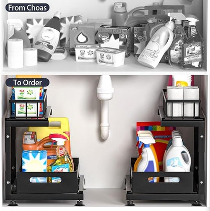 Under Sink Organizer, 2-Tier Premium Metal Pull-Out Racks with Adjustable Height, Heavy Duty Sliding Bin for Bathroom and Kitchen Cabinet Storage, Rust Resistant 1 Pack
