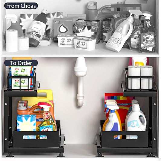 Under Sink Organizer, 2-Tier Premium Metal Pull-Out Racks with Adjustable Height, Heavy Duty Sliding Bin for Bathroom and Kitchen Cabinet Storage, Rust Resistant 2 Pack