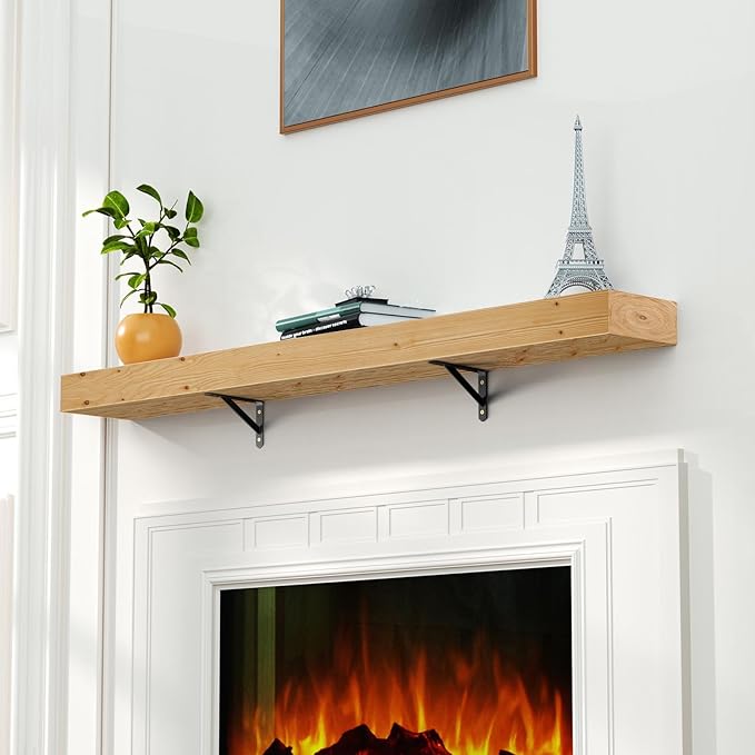 ROOMTEC Fireplace Mantel,60" Wood Fireplace Shelves with L-Shaped Bracket,Wall Mounted Wooden Shelving,Handcrafted Wood Brack,Mantels Over Fireplace, 60" x 8" x 3"-Clear Varnished Natural Wood